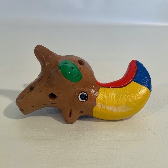 Vintage Ocarina Folk Art Clay Toucan Whistle 3 Head Flute Shape Shift Animal 5” - Picture 11 of 14